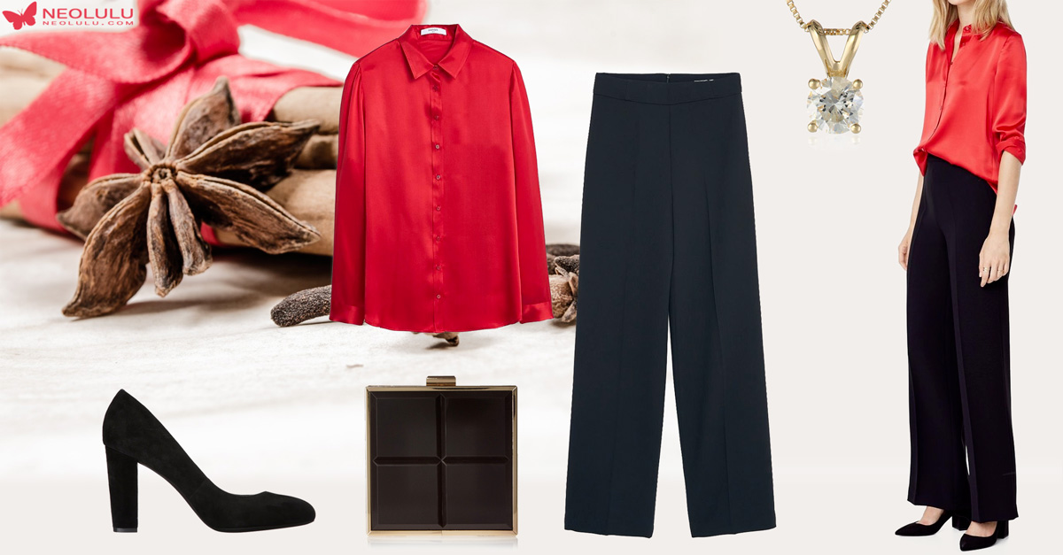 Holiday Party Reds: Satin Blouse & High Waist Trousers