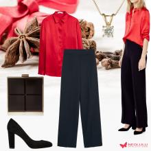 Holiday Party Classic: Red Satin Blouse & Black High Waist Trousers