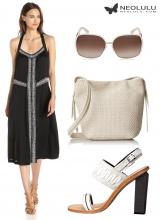 Woven Flow: sundress and cross body bag summer outfit in monochrome style