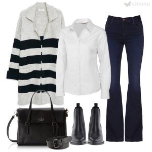 Polished For Work: Striped Cardigan, White Shirt & Jeans Outfit