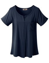 Doublju Womens Round Slit Detailed Short Sleeve Rayon Pocket T-shirt